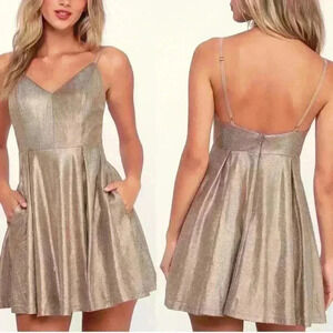 Lulu’s womens XS Keeps Getting Better Gold metallic Skater summer party Dress